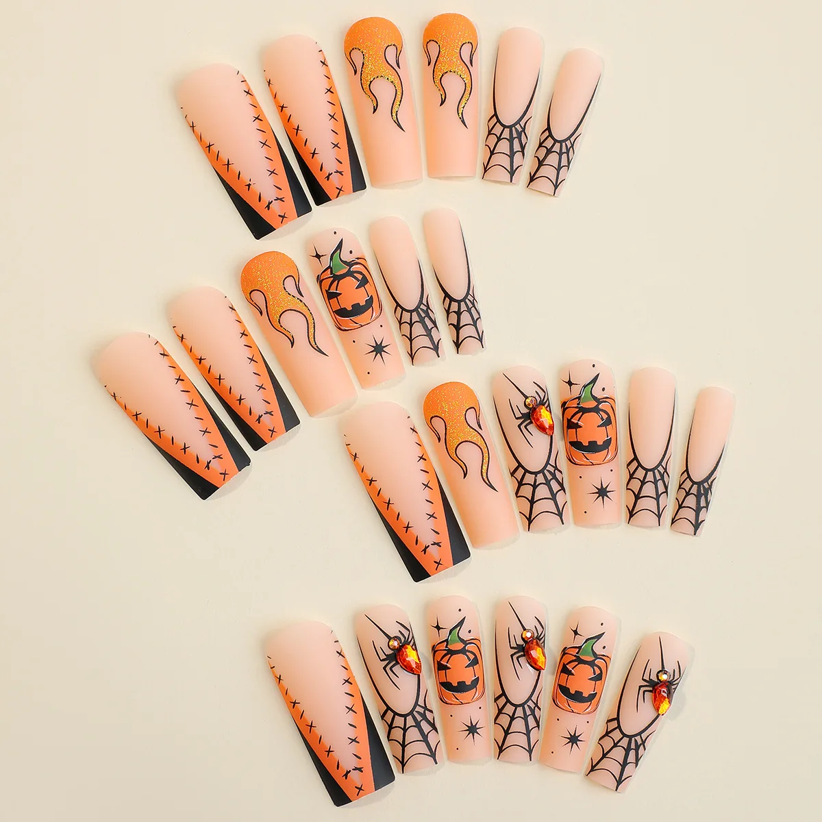 24pcs/1box Halloween False Nails Spider Pumpkin Rhinestone Style Extended Rectangular Press-on Nail Tips Suitable for Festivals