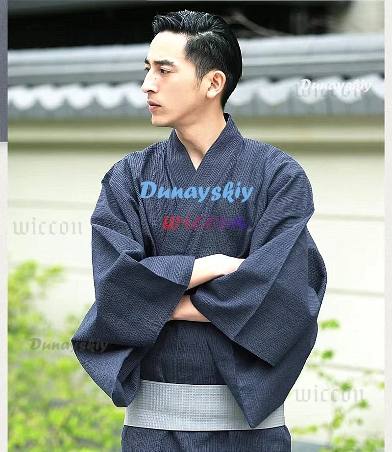 أزياء كيمونو اليابانية التقليدية التأثيرية أزياء يوكاتا الصيفية للرجال رداء طويل مع حزام طقم بيجامات ملابس نوم للرجال رداء حمام