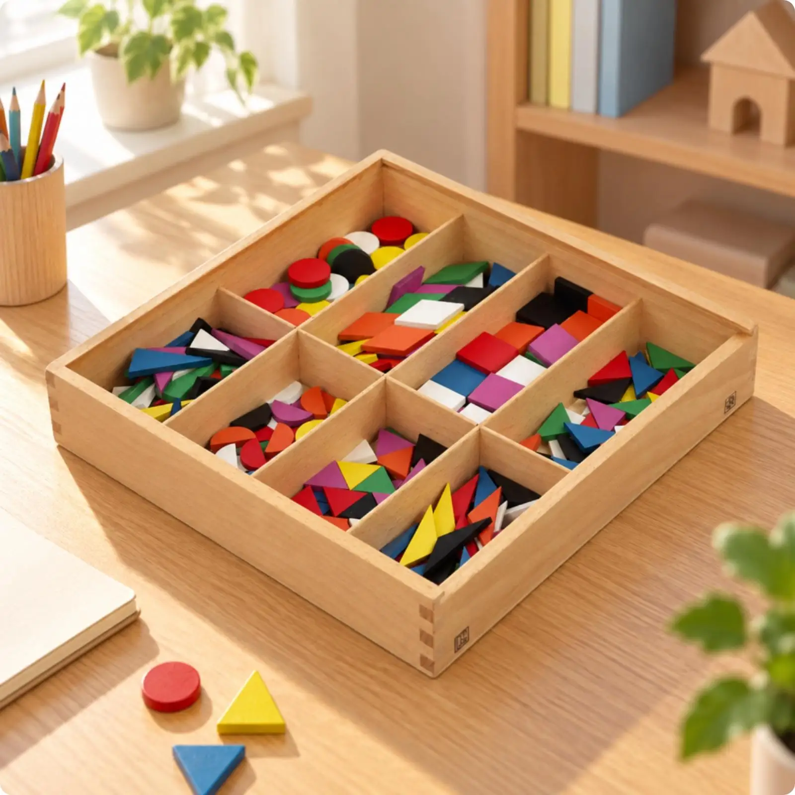 Geometry Teaching Toy Early Learning Wooden Geometric Shape Sorting Set Geometric Pattern Building Toy with Storage Tray