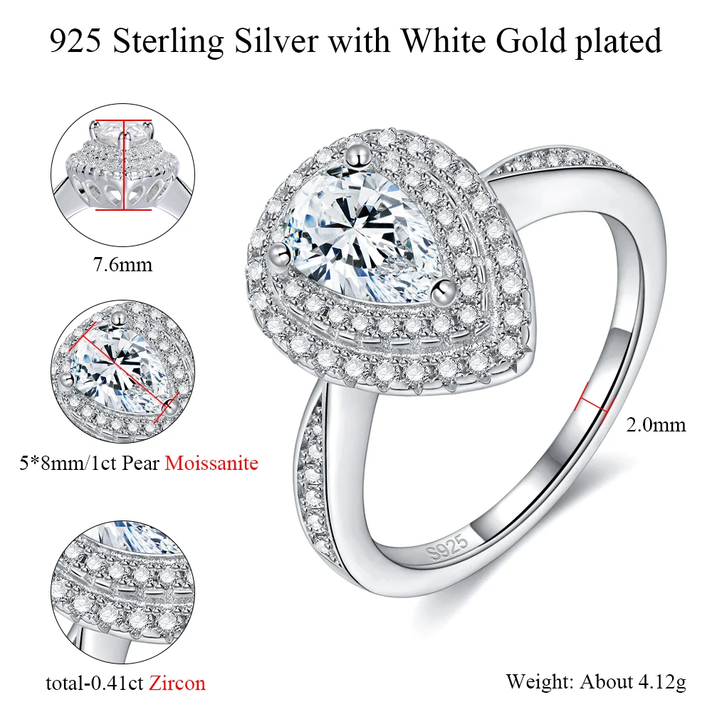 M-JAJA Halo Moissanite Anello Anelli di fidanzamento per le donne Argento sterling 925 1ct Taglio a pera D VVS1 Lab Gioielli con fascia nuziale con diamanti