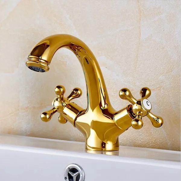 Gold Color Brass Washbasin Faucet Dual Handle Single Hole Deck Mount Bathroom Sink Faucets Lavatory Cold Hot Water Taps Dnf269