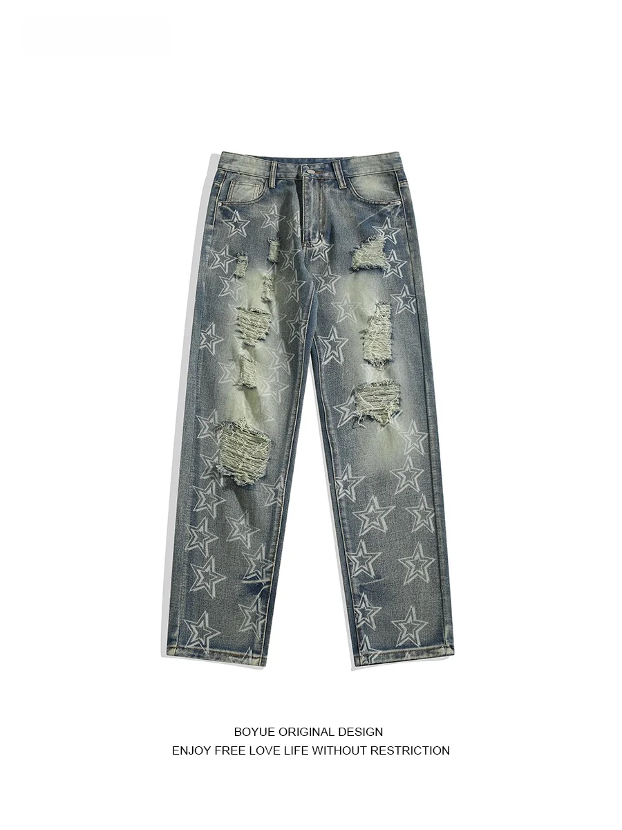 

Мужские джинсы Boyue с принтом звезд, рваные, уличные, зауженные, прямые, повседневные, молодежные, модные