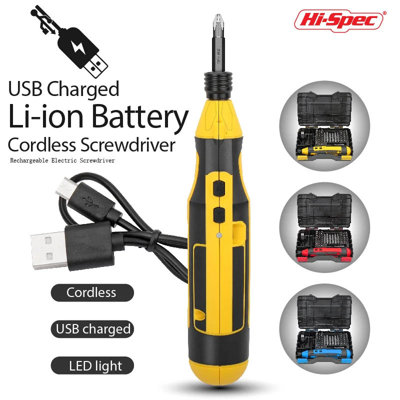 Hi-Spec 휴대용 미니 전기 스크루 드라이버, 강력한 USB 무선 배터리 드릴, 가정용 DIY 전동 공구 세트, 비트 포함