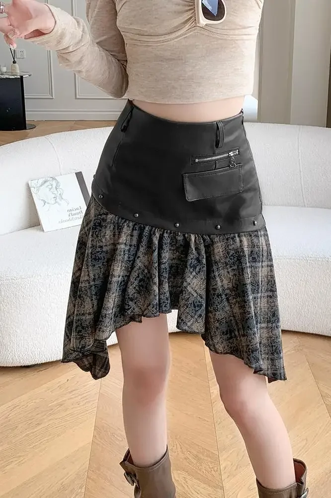 Summer new patchwork irregular PU leather half skirt women\'s 2024 design sense niche spicy girl skirt short skirt