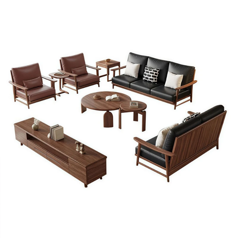 

Solid wood sofa Modern simple medium and ancient style small apartment living room 1 + 2 + 3 combination leather sofa