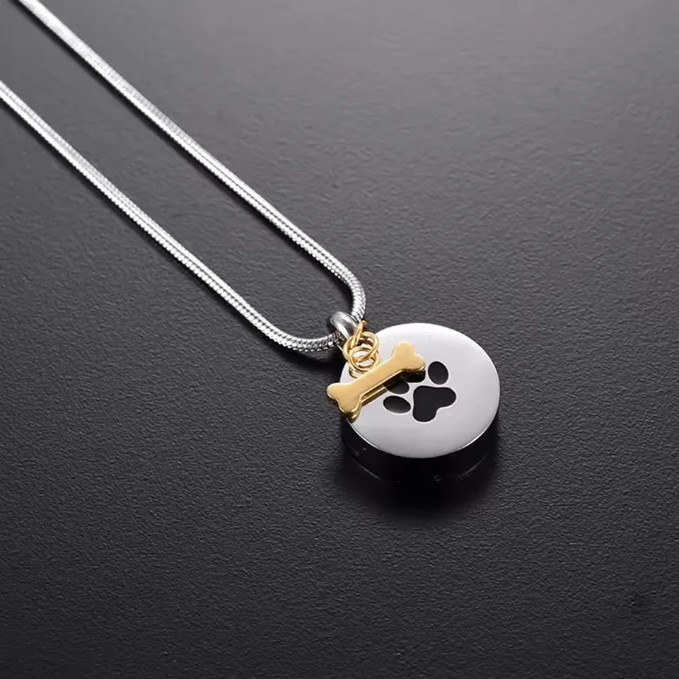 Round Pet Paw Print Urn Pendant for Ashes with Dog Bone Stainless Steel Customizable Memorial Necklaces Keepsake Ashes Jewelry