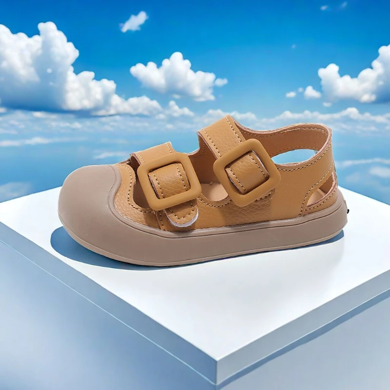 

Kids Summer Sandals with Double Square Buckles Soft Leather Material Comfortable Thick Sole Design for Casual and Outdoor Wear