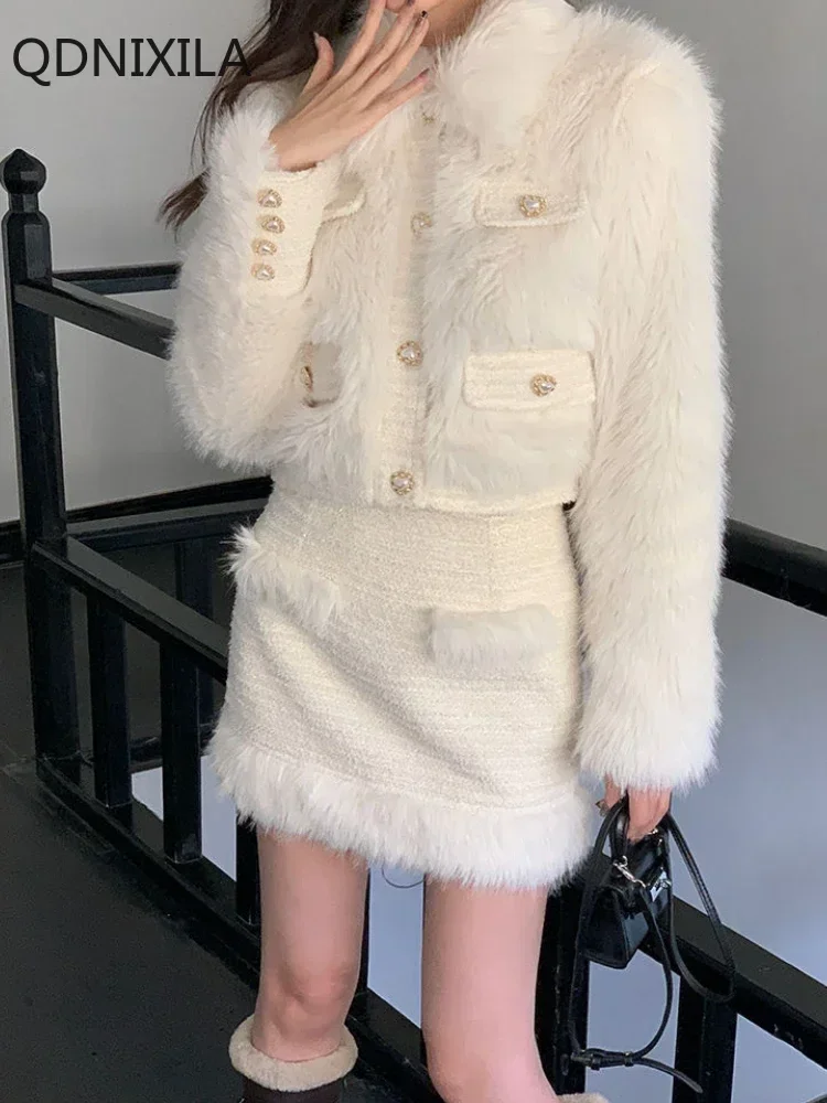 Two-Piece Set of Faux Fur Coat for Women, Short and Thickened Jacket, Mini Skirt, Little Fragrant Style, Autumn and Winter