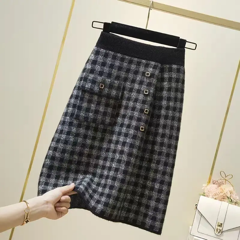 

Women Clothing Autumn Winter Stylish Vintage Plaid Thick Knitted Skirts Female High Waist Elegant Chic Slim Midi Skirt Faldas