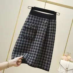 Women Clothing Autumn Winter Stylish Vintage Plaid Thick Knitted Skirts Female High Waist Elegant Chic Slim Midi Skirt Faldas
