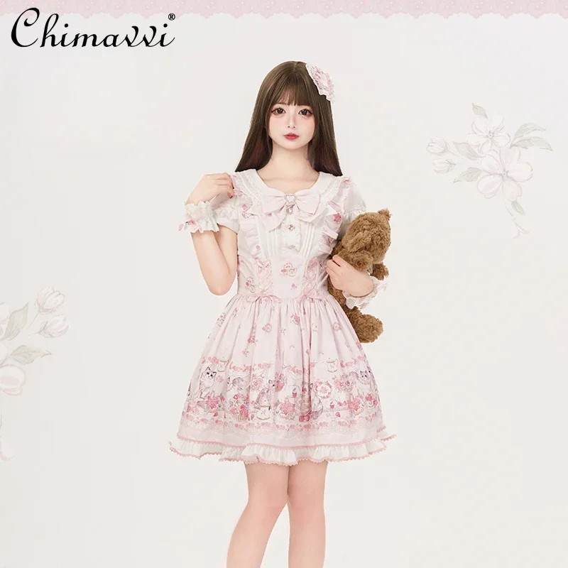 Original New Spring Summer Cute Print Short-sleeved Lolita OP Dress Japanese Sweet Girl Mass-produced Kawaii Bow Short Dresses