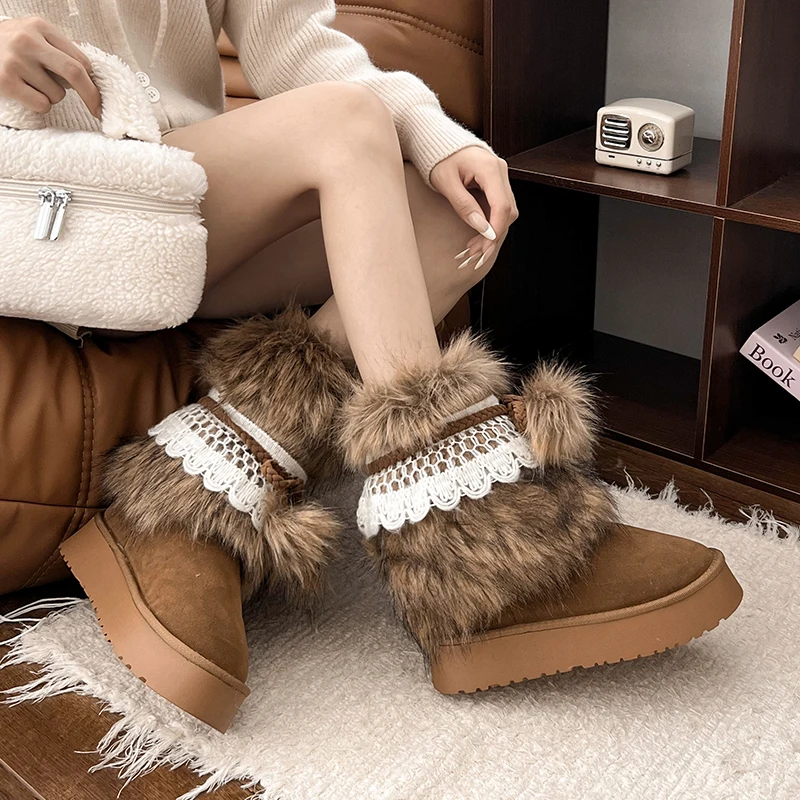 فو الفراء النساء الشتاء الثلوج الفاخرة رقيق غامض دافئ دافئ منصة مقاومة للماء الدانتيل متابعة منتصف العجل أحذية التزلج 2025 جديد حار