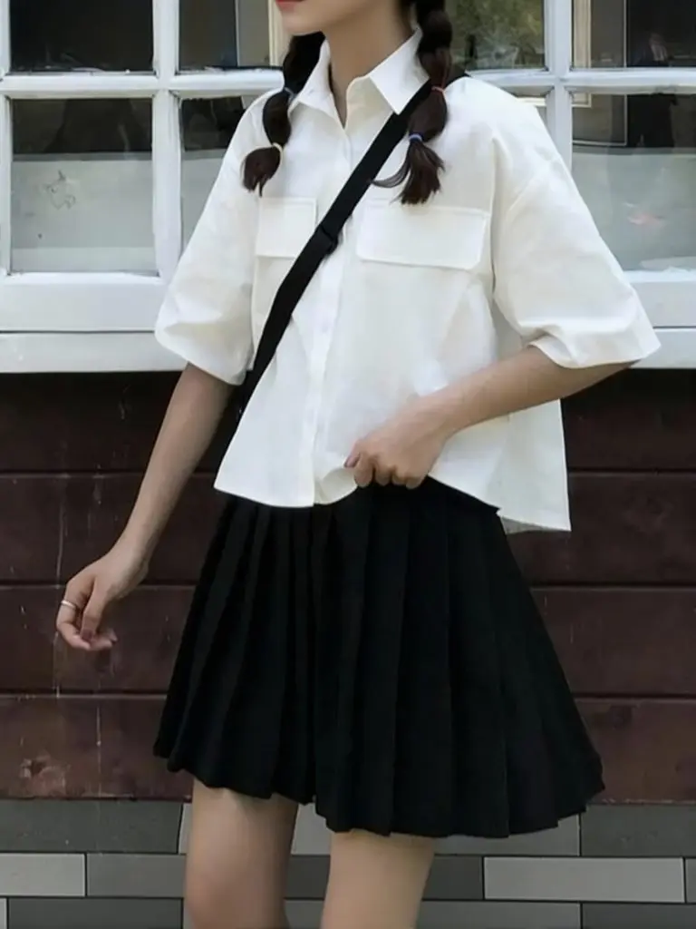 

Preppy Short Sleeve Oversize White Shirt For Women,summer Casual Button Up Casual Blouse Crop Top Youth Elegant New