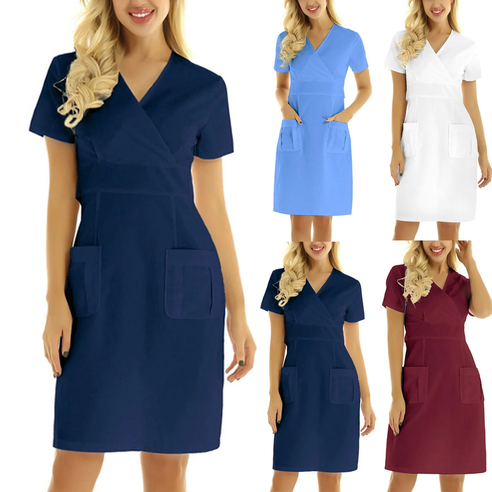 Nurse Working Uniforms Dress Women Short Sleeve Solid Working Uniform Pocket Slim Summer 2022 Medical Nursing Uniforms Female