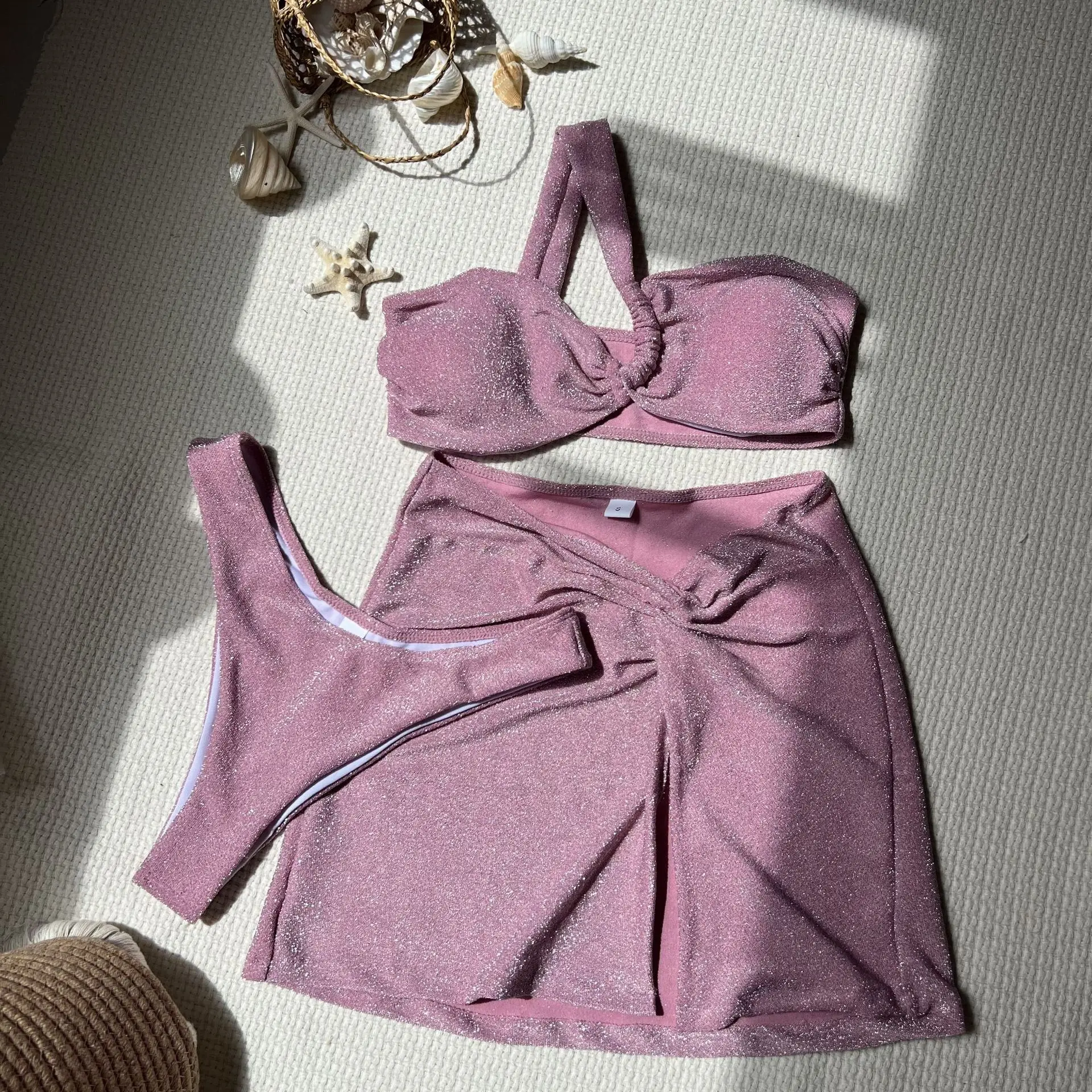 Sexy glitzerndes, solides One-Shoulder-Bikini-Set, dreiteilig, mit Knoten, faltigem, geteiltem Minirock, Badeanzüge, Badeanzug, Tankini