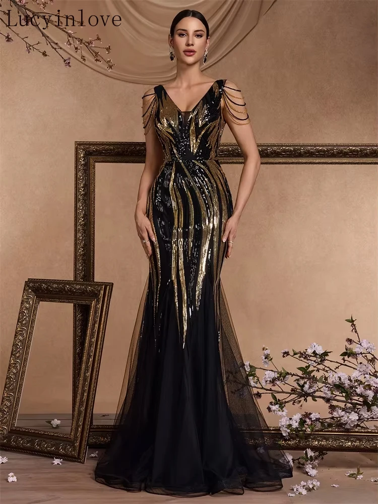 

Новое элегантное вечернее платье Lucyinlove с V-образным вырезом, расшитое бисером и пайетками, длинное роскошное женское вечернее платье-русалка для торжеств, выпускных и коктейльных мероприятий