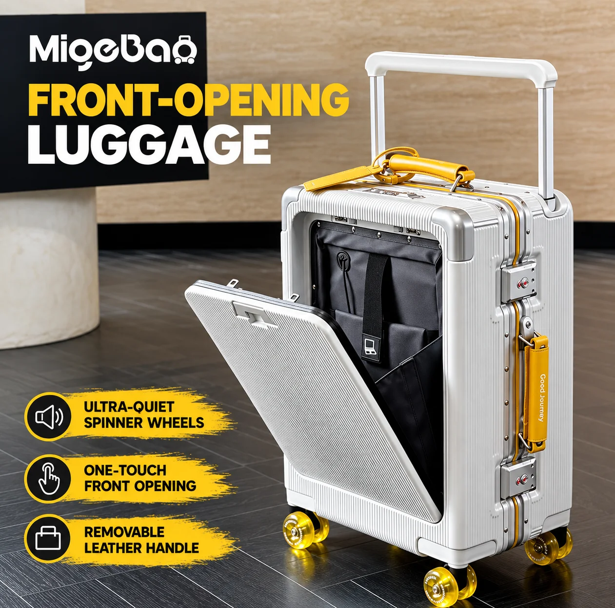 MIGEBAO 24/26 Inch Front Opening Suitcase 2026 New Large Capacity Durable Travel Trolley Luggage Lock Case for Men Women