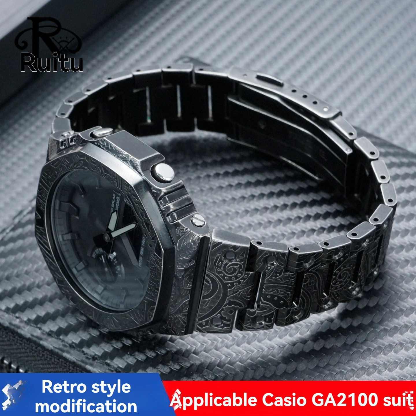 Modified Carved Metal Case Stainless Steel Case Chain Set male For Casio Farmhouse Oak Octagonal Watch GA-2100/2110/GA-B2100