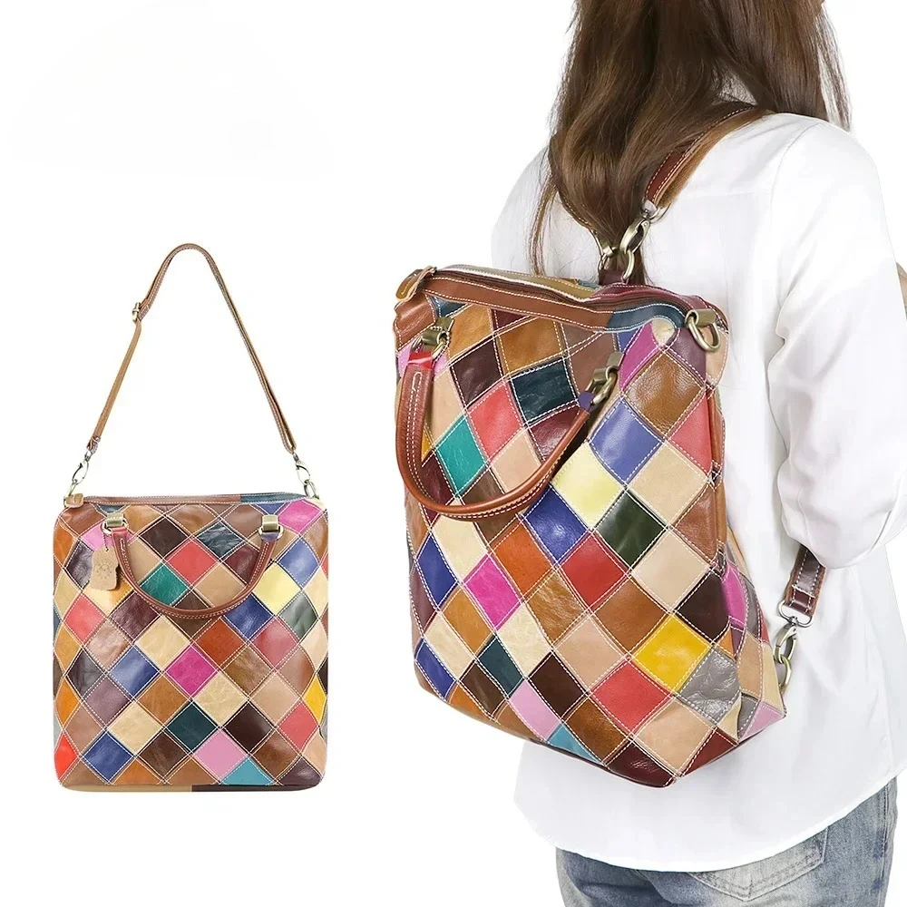 

Luxury Genuine Leather Backpacks for Women Ethnic Style Daypack Back To School's Gift Colorful Patchwork Crossbody Shoulder Bag