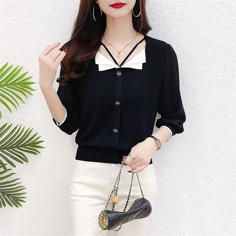 Women Clothing Fashion Contrast Color Elegant Chic Ice Silk Knitwears Female Korean V Neck Hollow 3/4 Sleeve Slim Pullover Tops