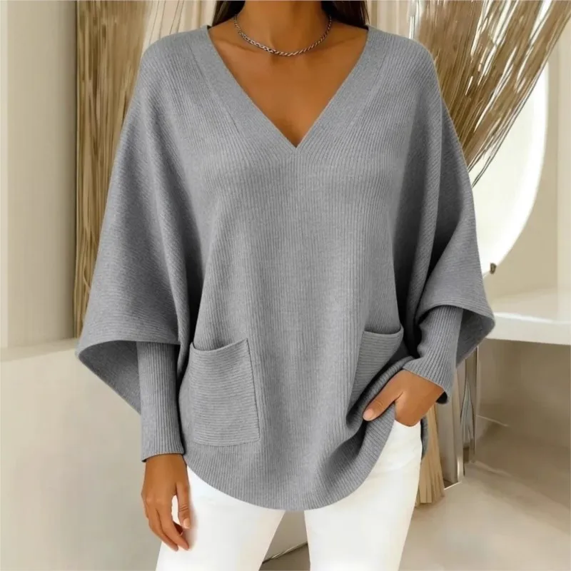 Simple Solid Knitted Sweater For Women Fashion V-neck Loose Bat Sleeve Pullover With Pocket Ladies Casual Versatile Streetwear