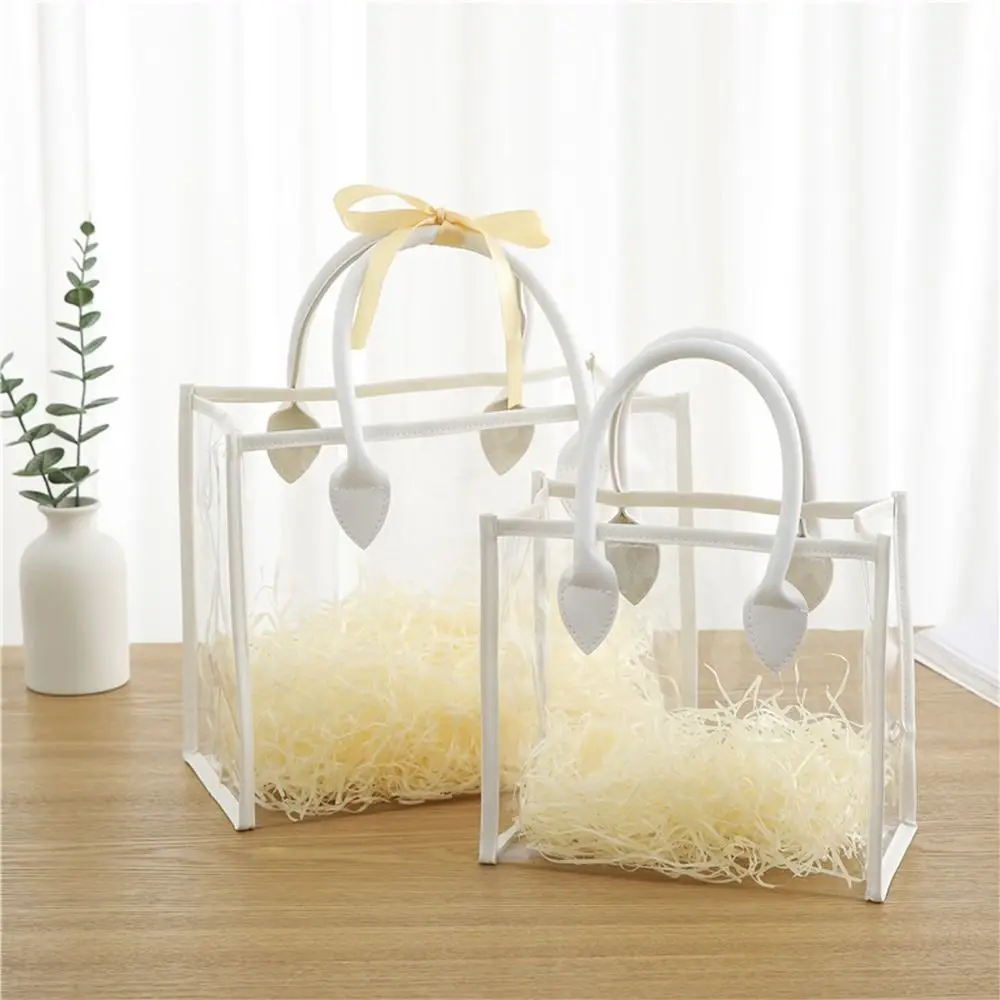 Transparente PVC-Handgriff-Verpackungstasche, rosa, weiß, Geschenktüte, PU-Griff, große Kapazität, Einkaufstaschen, praktische Aufbewahrungstasche
