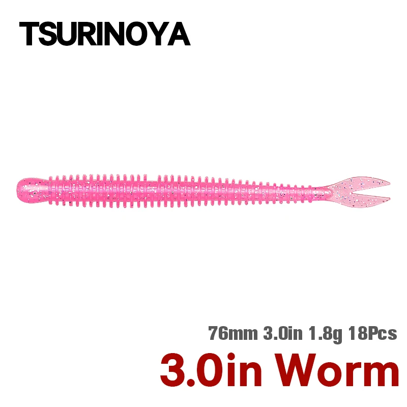 TSURINOYA Soft Bait Fishing Lure FLAME 3.0in 1.8g 18pcs Silicone Worm Bass Pike Light Game Fishing Rig Tackle Swimbait