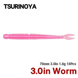 TSURINOYA Soft Bait Fishing Lure FLAME 3.0in 1.8g 18pcs Silicone Worm Bass Pike Light Game Fishing Rig Tackle Swimbait