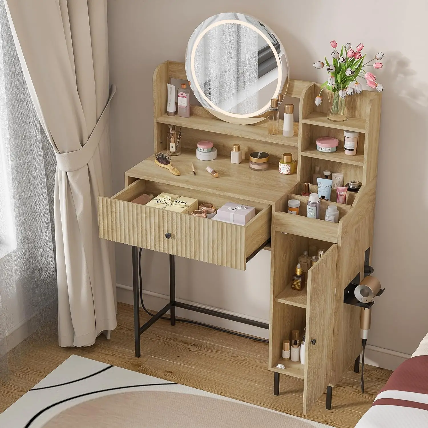 

Fluted Makeup Vanity Desk with Mirror and Lights Modern Makeup Vanity with Drawer Storage LED Makeup Table