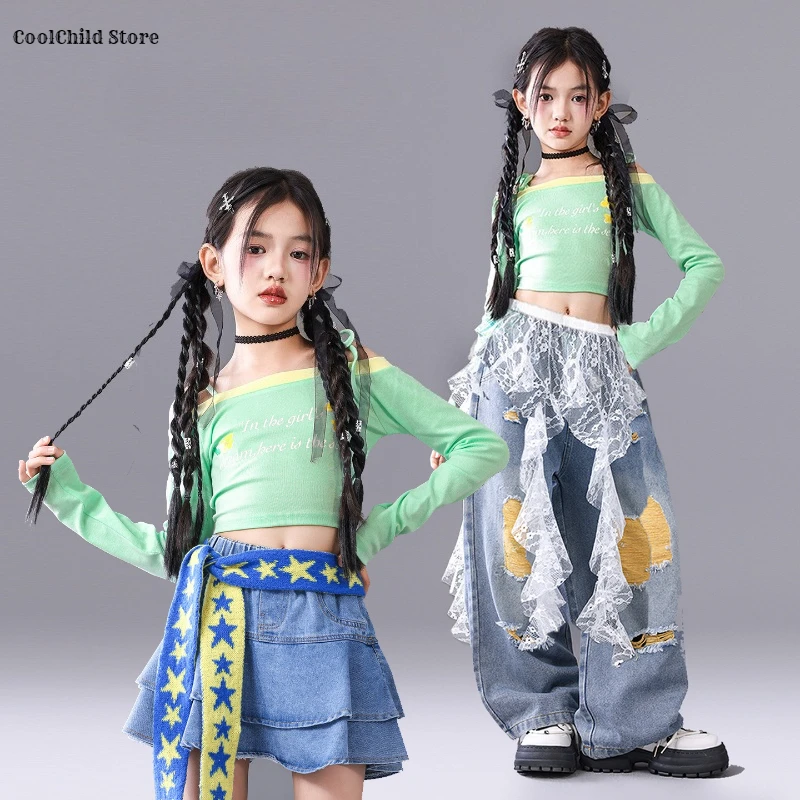 Girls Hip Hop Off Shoulder Green Crop Top ‌Street Dance Jeans Children Streetwear Denim Skirts Kids K-pop Girl Group Clothes Set