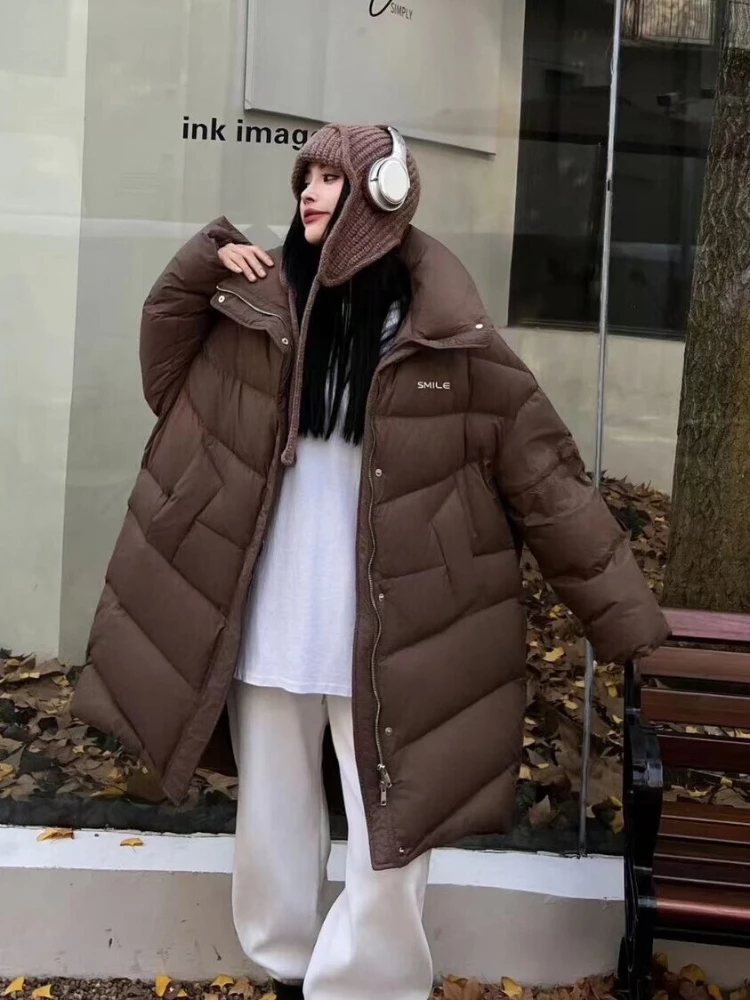 

Winter Long Women Jackets New 90White Duck Down Warm Down Jacket Loose Hooded Thicken Snow Outwear Fashion Alphabet Print Parkas