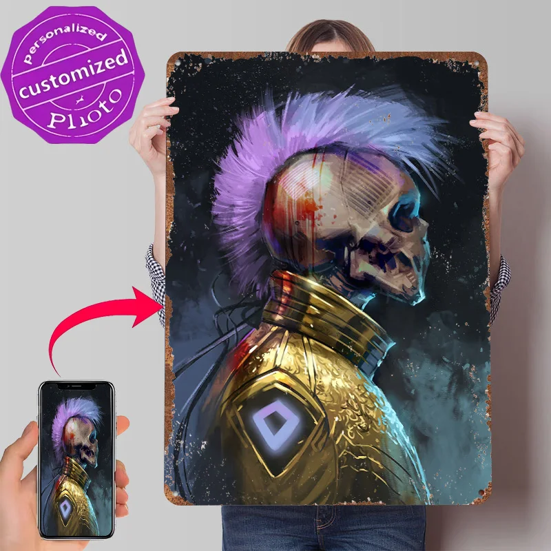 Cyberpunk Skull With Mohawk and Armor Metal Poster Customized Wall Art Retro Vintage Metal Signs for Man Cave Desk Decor Room