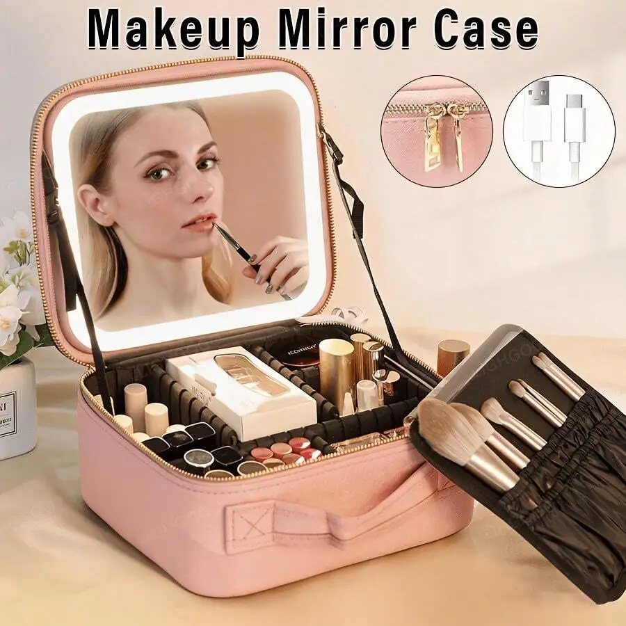 

Stylish Portable Makeup Bag For Women, Pink Cosmetic Organizer With Built-In LED Lighted Makeup Mirror, 3 Color Lighting Modes &