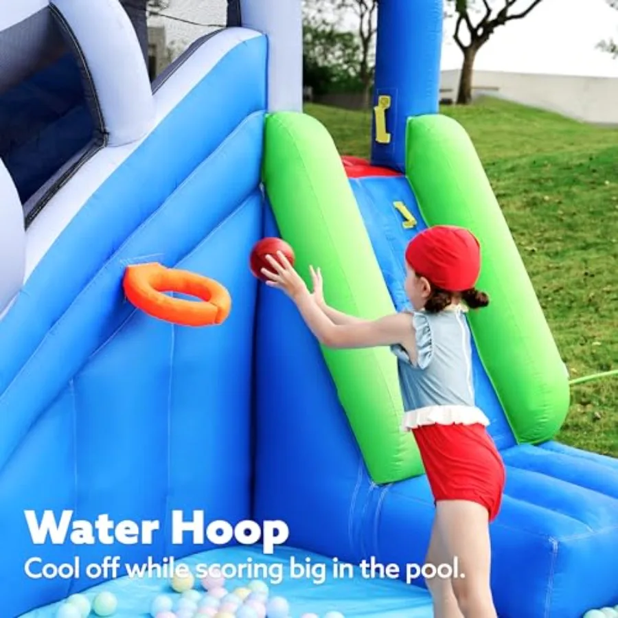 뒷마당용 에어바운스 워터 슬라이드 파크 6 in 1 에어 슬라이드와 스플래시 풀, 바운스 하우스, 농구대, 워터 C 포함