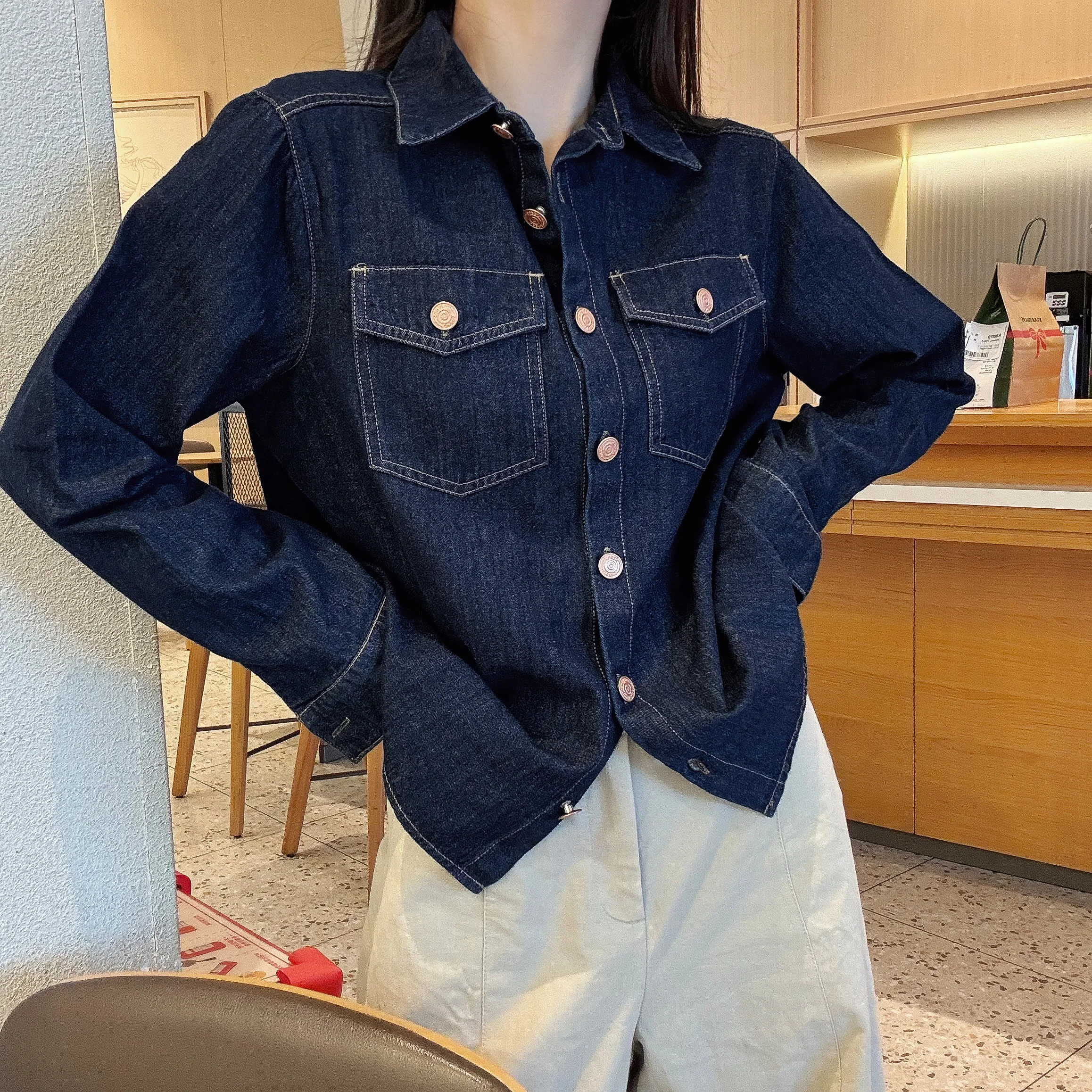 New Spring Autumn Deep Blue Lapel Collar Denim Shirt For Women Single-Breasted Buttons Long Sleeve Loose Blouses Femme Tops