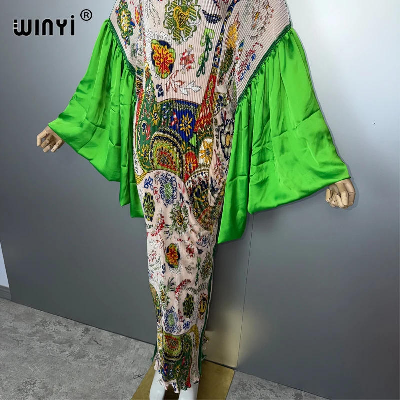 WINYI Bubble sleeve Pleated elastic slim dress beach wear kaftan abaya dubai luxury party long dress muslim woman evening dress