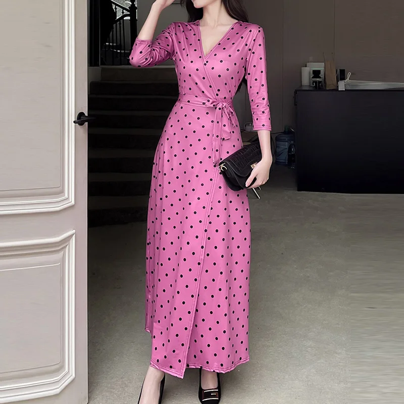 

FANIECES Robe Sexy V Neck Wrap Long Dresses For Women Summer Trend Polka Dot Print Half Sleeve Pink Ankle-Length Party Dress