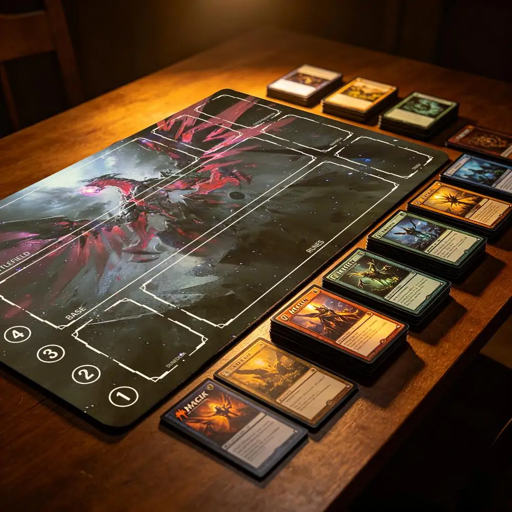 Stunning Cosmic Crimson Phoenix Fantasy Art TCG Playmat Complete Zone Layout, Dark Galaxy Non-Slip Rubber Trading Card Table Pad