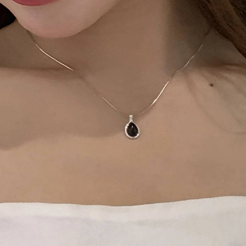 VENTFILLE  925 Sterling Silver Black Agate Necklace for Women Girl Snake Bone Chain Water Drop Jewelry Gift Dropshipping