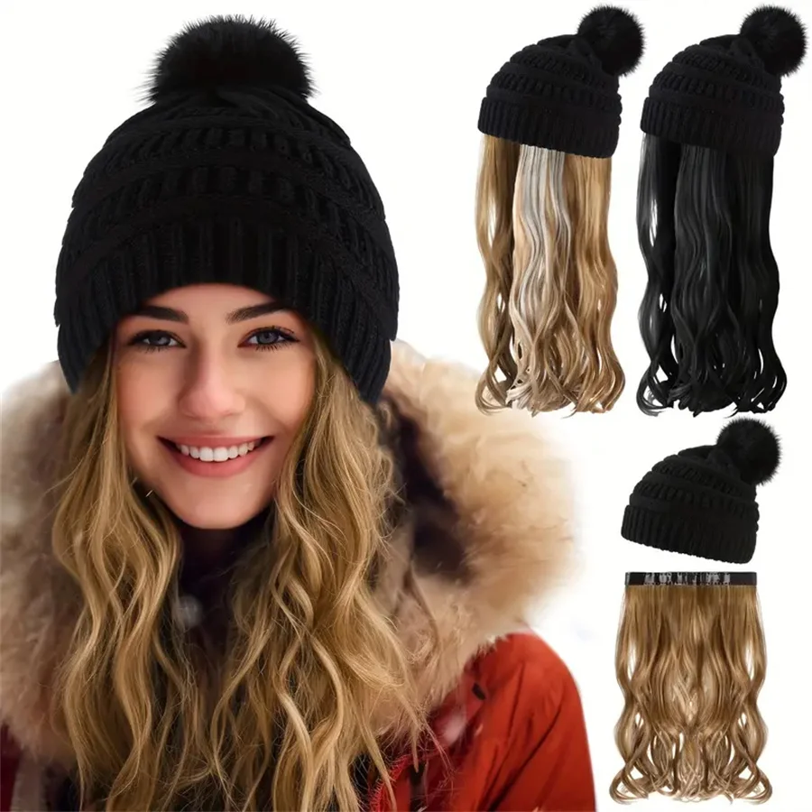 

Two black beanies with long curly hair, knitted hat band 50.8 cm long, synthetic wigs, two colors, suitable for women's wigs, ha