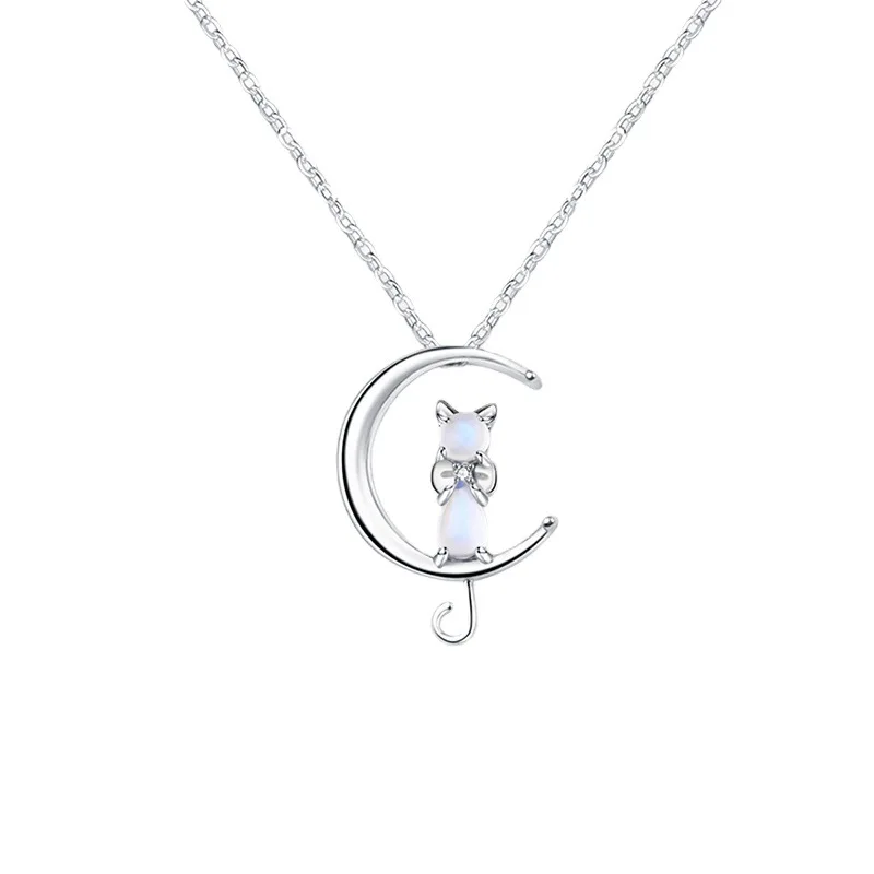 

European Sparkling 925 Sterling Silver Moon Cat Pendant Necklace For Women Birthday Gift Jewelry