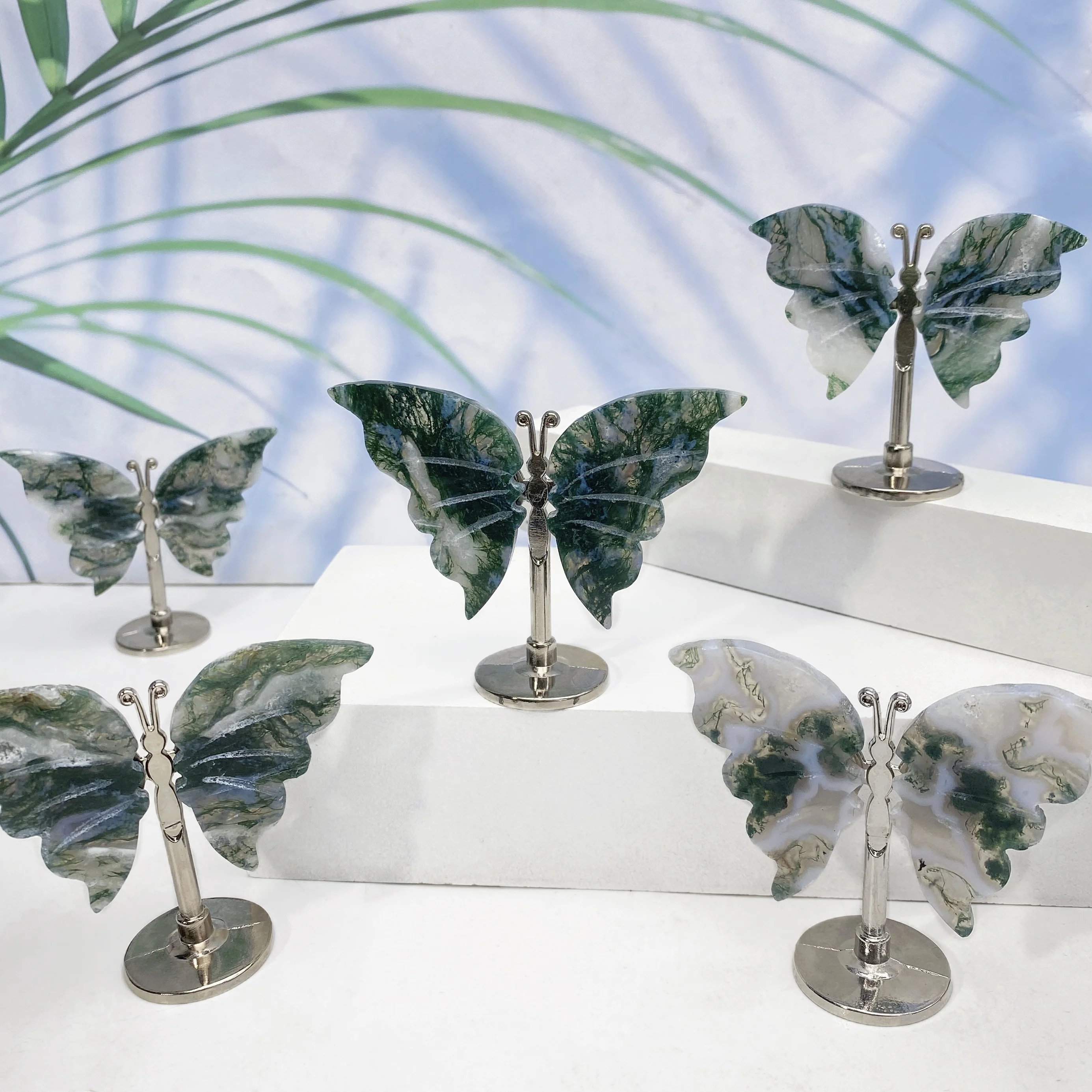 1pc Natural Moss Agate Butterfly Bracket Ornaments, DIY Idea, Crystal Ornaments, Creative Home Office Decoration, Perfect Gift