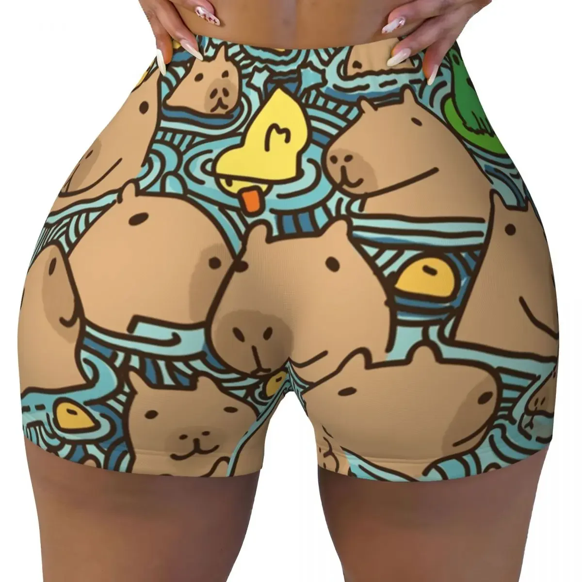 

Изготовленные на заказ женские шорты для йоги с прудом и капибарой, спортивные байкерские шорты для бега в тренажерном зале