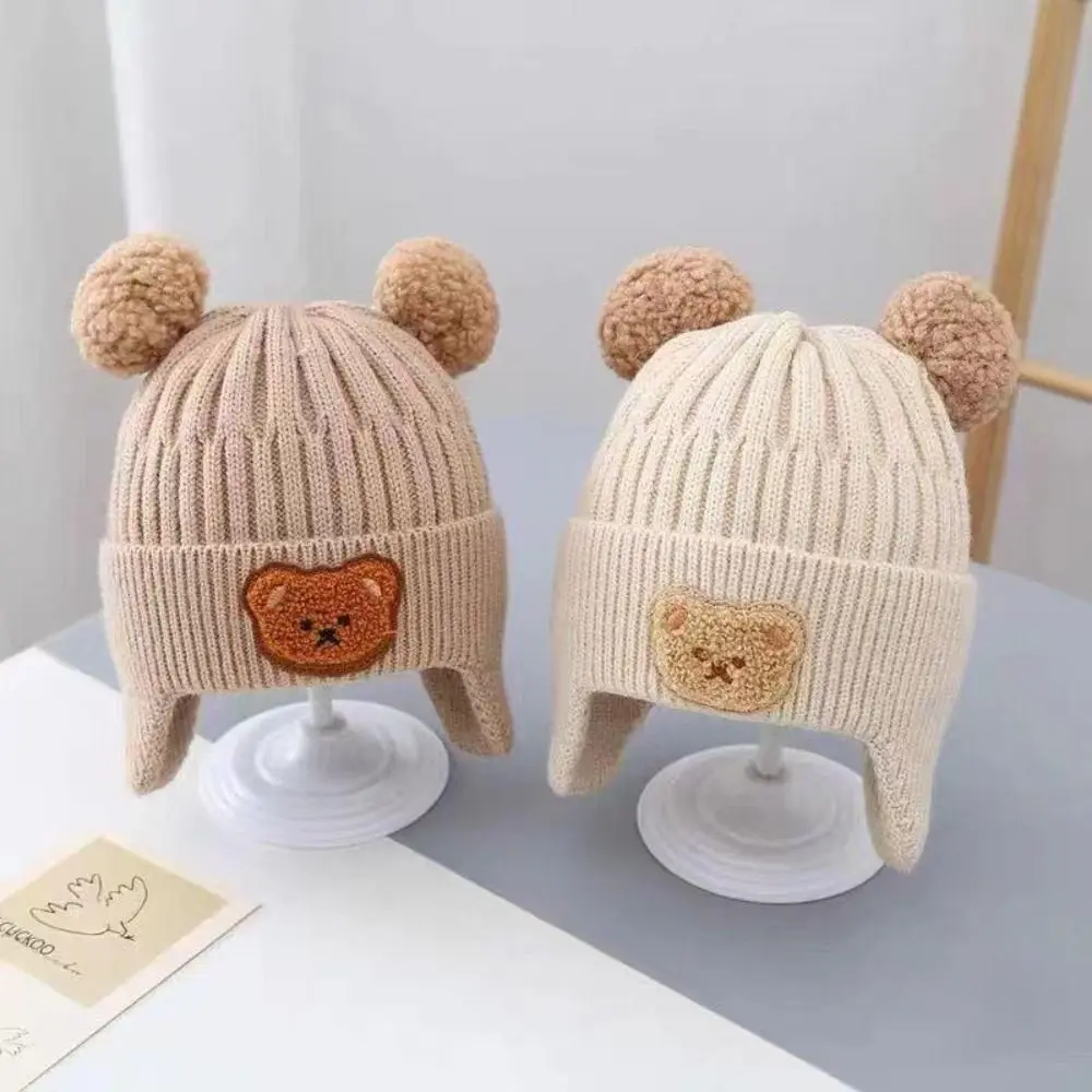 Cartoon Bear Ear Protection Knitted Hat Winter Baby Beanie Cap for Toddler Boys Girls Cute Korean Warm Kids Crochet Hats