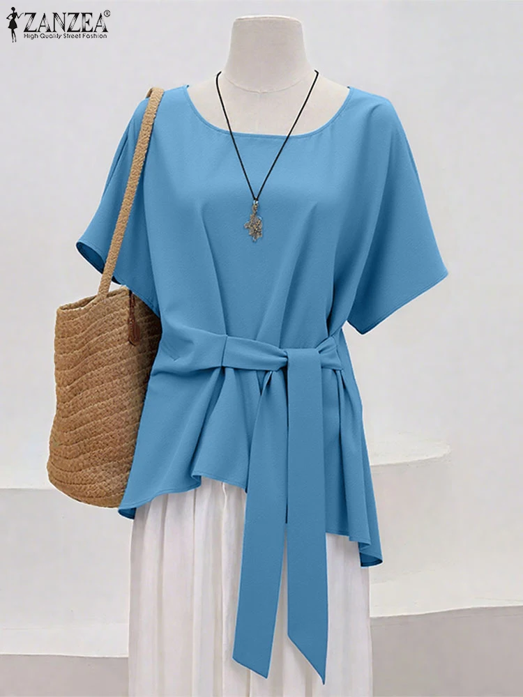 

Elegant Office Blouse Women Short Sleeve Tops Solid Color Tunic Fashion 2025 Stylish Lace-Up Belt Tops Blusas Irregular Pullover