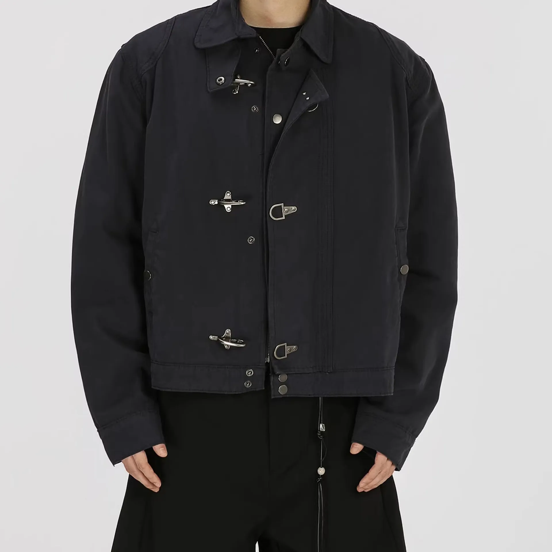 Spring Autumn Vintage Clean Fit Snap Button Cargo Jacket Men's Boxy Loose Casual Outerwear