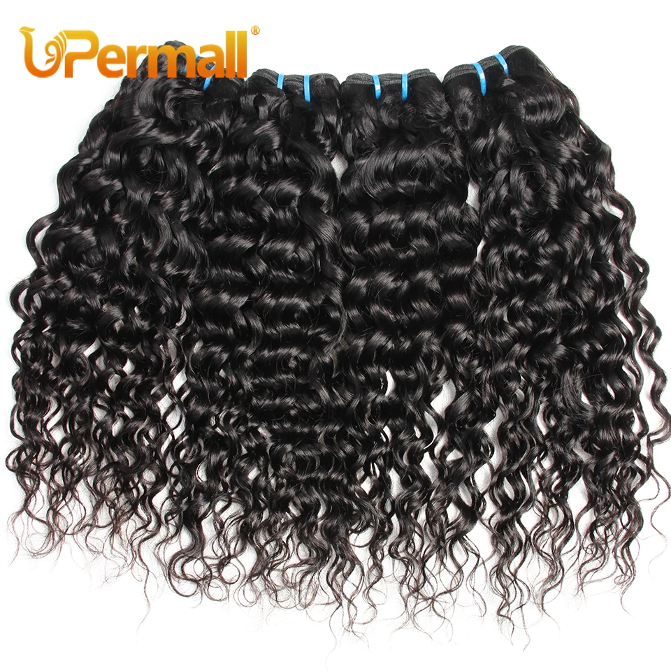 Upermall 3/4 Remy Water Wave Human Hair Bundles With Closure Brazilian HD Transparent 4x4 Lace Closure and Bundle Natural Black