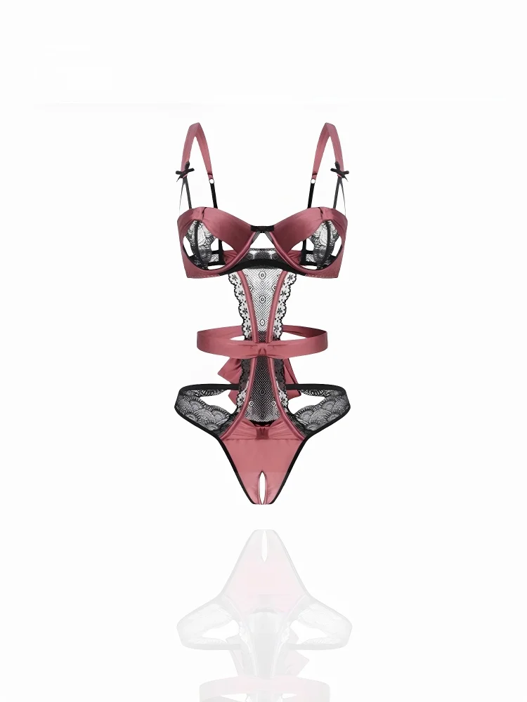 

Sexy Lace Bodysuit Women's Nightgown f-Nude with Steel Ring Hollow out Design Pure Desire Underwear High Waist ort Pants