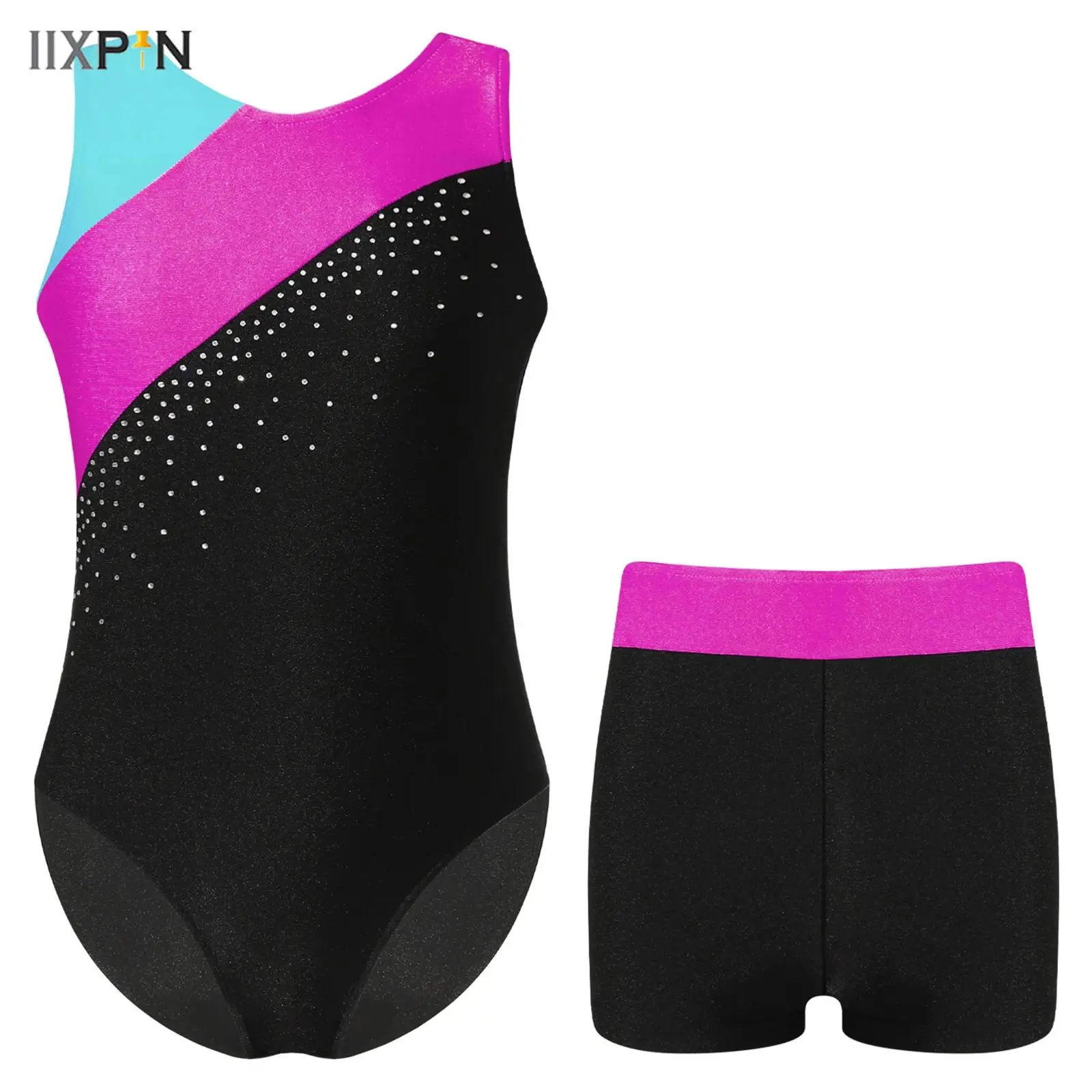 

Kids Girls Gymnastics Dance Clothing 3-Piece Sleeveless Shiny Rhinestones Contrast Color Leotards+Rear U Neck Bra Top+Shorts Set
