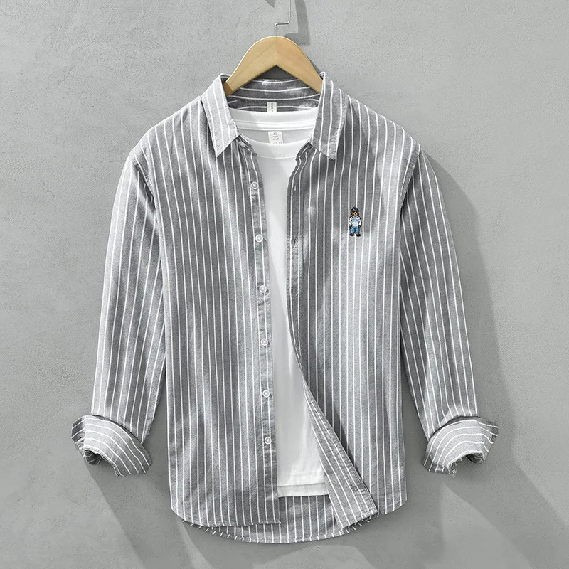 Spring New Embroidery Striped Shirts for Men Casual 100% Cotton Fashion Men Clothing C8859